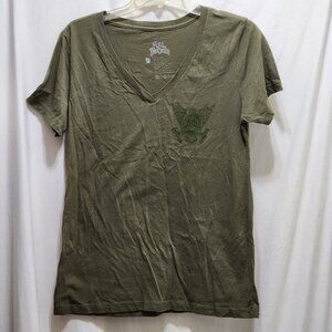 Full Throttle Energy Drink V-Neck T-Shirt Army Green Logo Ladies XL